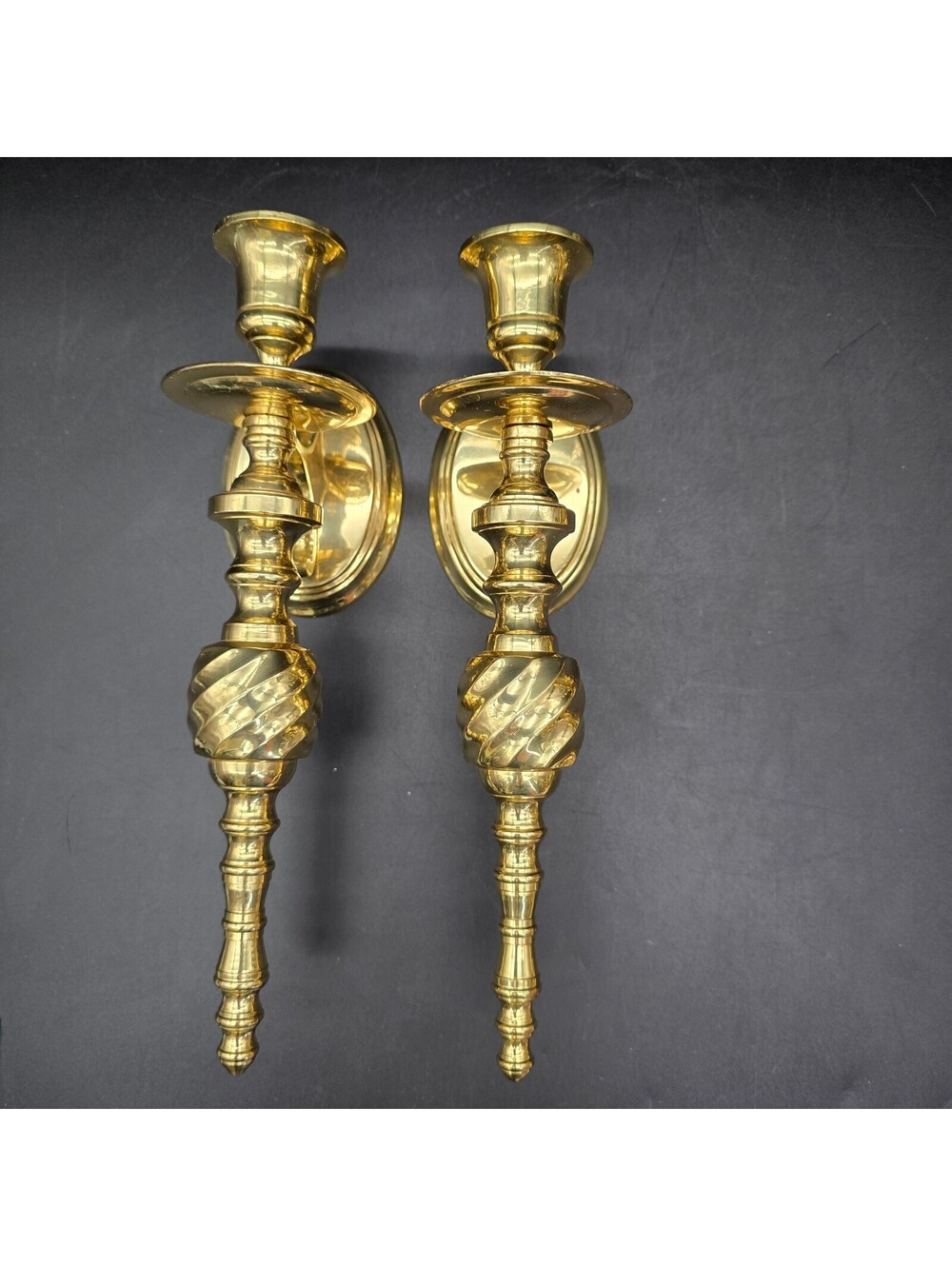 Vtg Brass Wall Sconce Candle Holders Pair 11.5" Spiral Twist Hollywood Regency